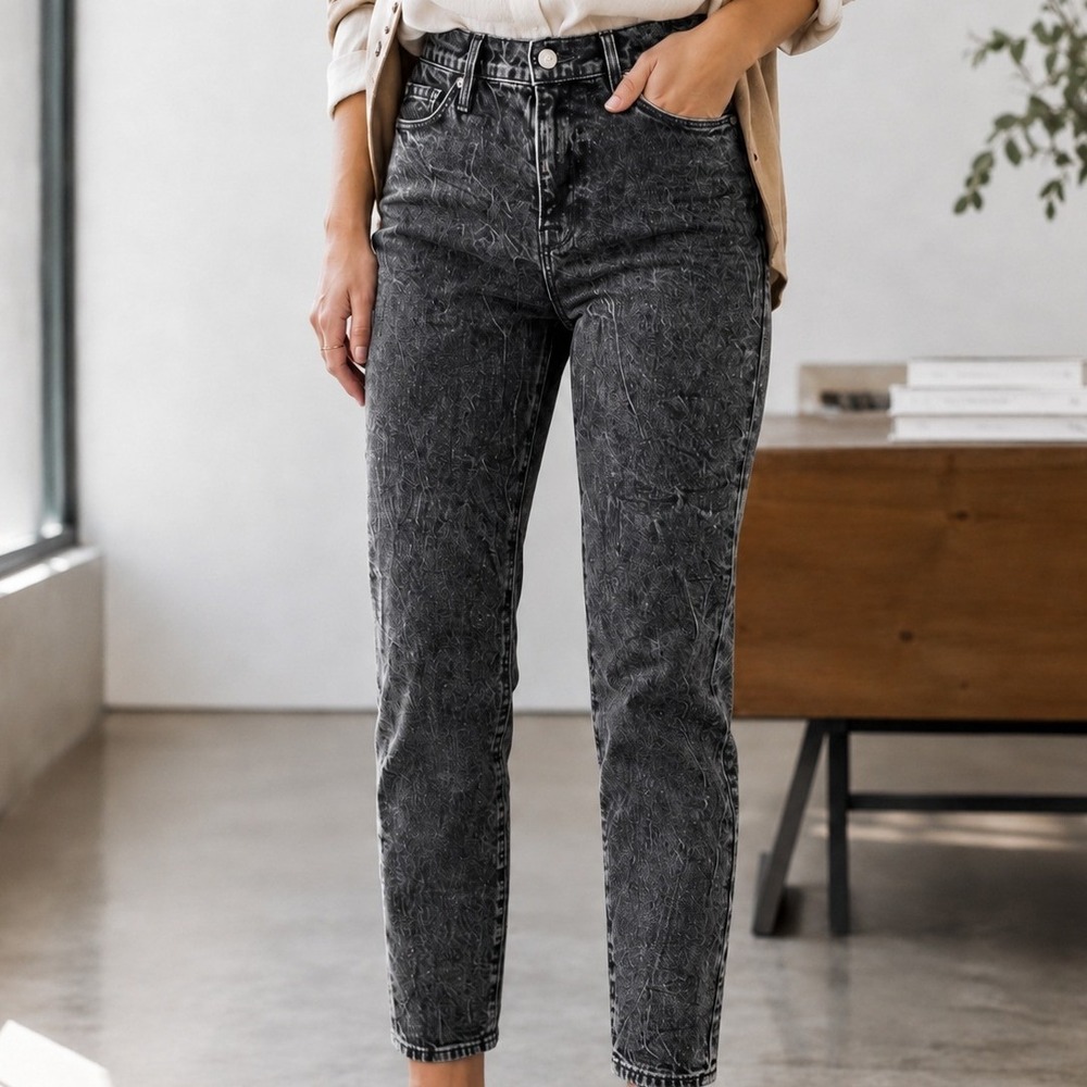 FRAME Ali High Rise Cigarette Jeans Edgey Faded Black Acid Wash Crop Straight 24